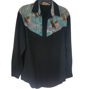 Men's Vintage 1970's Western Shirt, Turquoise and Brown panel, Eagle Print, L